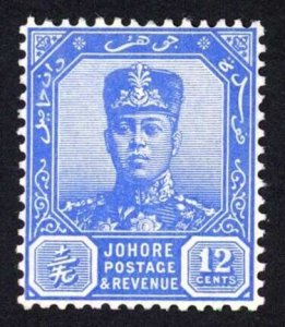 Johore 1922-41 SG.114 12c ultramarine wmk Script CA VFM cat 55 pounds