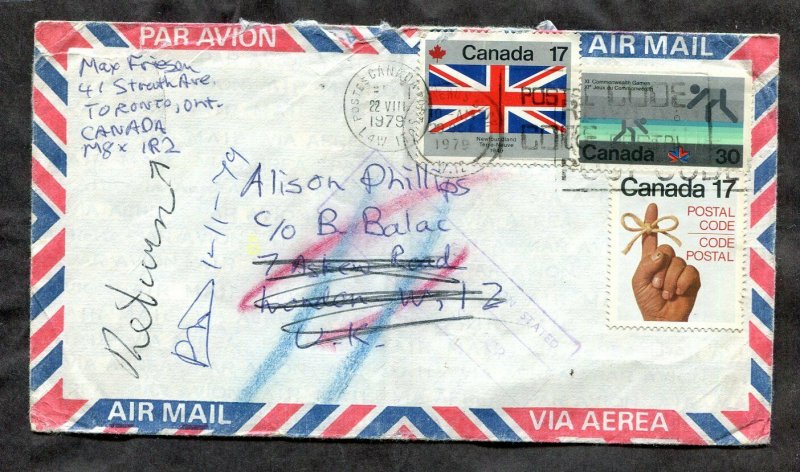 p977 - Canada Toronto 1979 Airmail Cover to England. RETURNED Instructional Mark