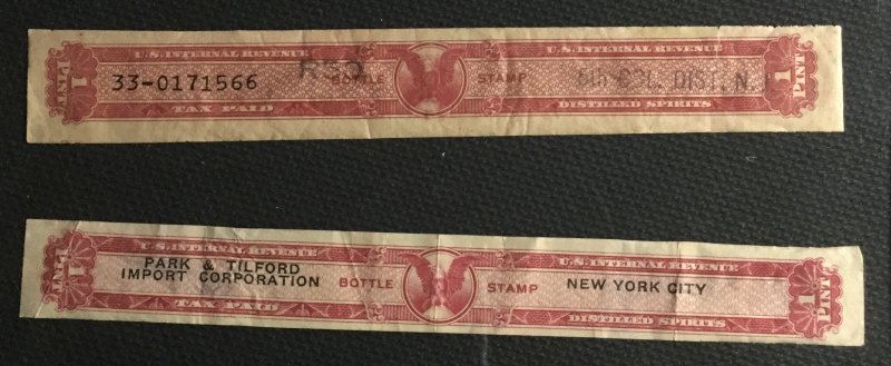 US Used 2 Singles Distilled Spirits Labels NY/NJ L22
