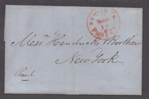 **US Stampless Cover NY, NY 3/17/1853 Red H/S Paid 1 Circ Rate *See Description