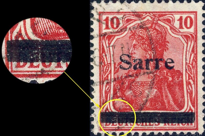 SARRE / SAAR / SAARGEBIET - 1920 Mi.6.III 10pf O/P type 3 variety broken bar VFU