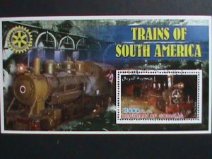 SOMALIA STAMP- TRAIN OF SOUTH AMERICA- ANTIQUE CLASSIC TRAIN CTO -MNH SHEET.