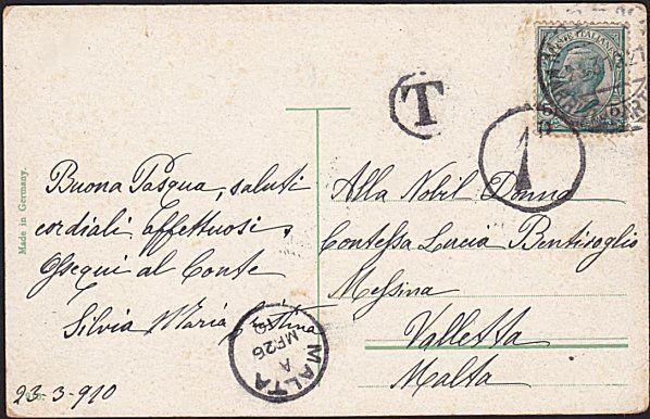 MALTA 1910 1d in circle due on postcard ex Italy............................8841