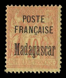 French Colonies, Madagascar #18 Cat$95, 1895 40c red on straw, hinge remnant