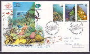 Indonesia, Scott cat. 1711-13, 1714. Marine life set & s/sht. First day cover. ^