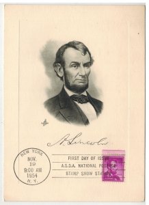 1954 ABE LINCOLN 1036 ARTCRAFT EMBOSSED PORTRAIT CARD & ASDA FDC CANCEL