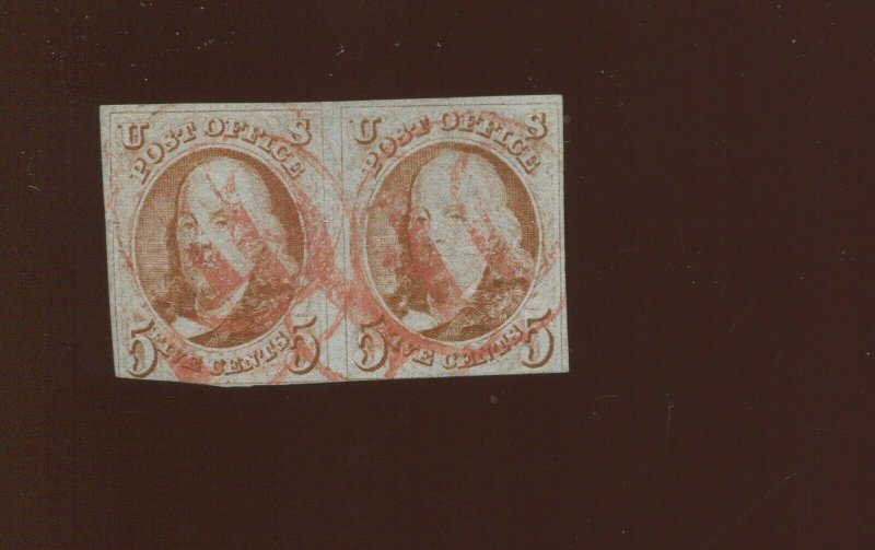 1b Franklin Used Pair w/ RED Numeral '10' in Circle Cancel & PF Cert (Bz 545)