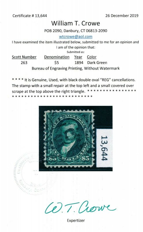 UNITED STATES (US) 263, USED, F-VF+ , LIGHT CANCEL, SMALL REPAIR, SEE CERTIF. 