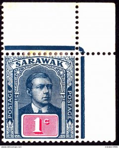 SARAWAK 1918 1 Cents Slate-Blue & Red SG50 MH with Top & Side Gutter