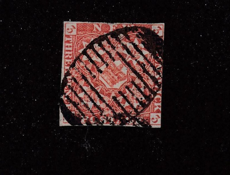 NEW BRUNSWICK # 1a 3d DEEP RED IMPERF MAJESTIC GRID CANCEL CAT VALUE $700