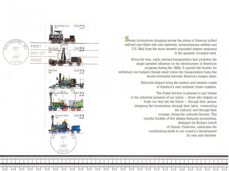 USPS First Day Ceremony Program #2362-66 Steam Locomotives Booklet Railroad 1987 