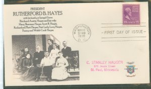 US 824 1938 19c Rutherford B Hayes (part of the PResidential/Prexy series) on an addressed FDC