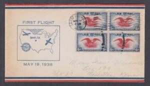 US Sc C23 block of 4 on 1938 Garnett, Kansas, First Flight Cover