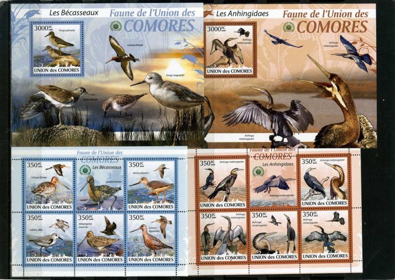 COMORO ISLANDS 2009 BIRDS 2 SHEETS OF 5 STAMPS & 2 S/S MNH 