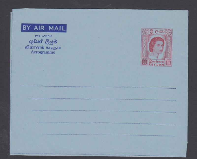 Ceylon H&G FG19a, mint. 1962 50c QEII aerogramme, VF