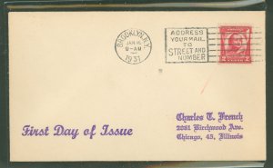 US 690 1931 2c Casimir Pulaski on an addressed (hand stamp) first day cover with a Brooklyn, NY cancel and a generic cachet.