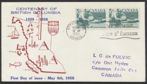 1958 #377 BC Centenary FDC Pair Personal Cachet Ottawa