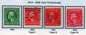 SC# 452-455 - (1c, 2c) - Washington, perf 10 Vert, set of 4 used singles