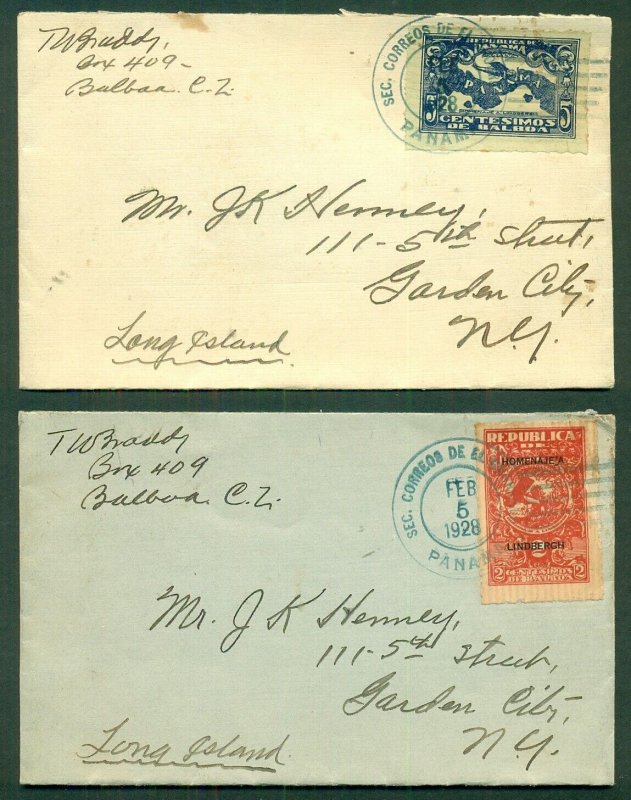 PANAMA, 1928 Two diff Lindbergh single franked (#'s 256-7) cover to U.S., VF 