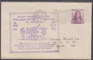 US Sc 724 FDCs. 1932 3c William Penn on 2 Cacheted & Addressed FDCs