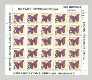 Guyana 1989 Butterflies 3v M/S of 25 Silver o/p Rotary, Lions Club, Scouts