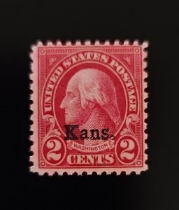 1929 2c George Washington, Kansas Overprint, Carmine Scott 660 Mint F/VF LH