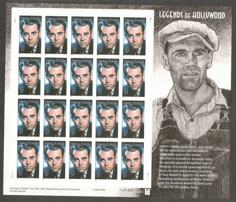 3911 Henry Fonda Sheet Of 20 Mint/nh Selling At Face