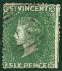 ST VINCENT QV Classic Stamp SG.2 6d Deep Yellow-Green (1861) Used c£225- RBLUE72