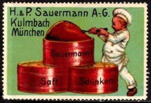 Vintage Germany Poster Stamp H & P Sauermann Table Ham Delicatessen