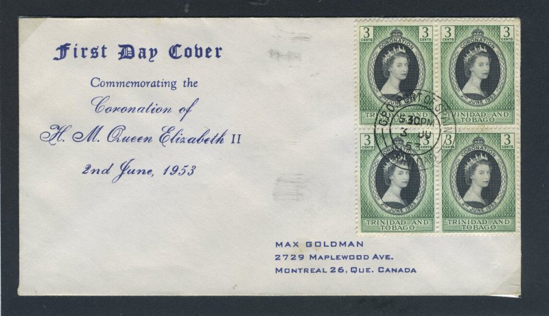 Trinidad & Tobago 1953 QEII Coronation block of four on First Day Cover.