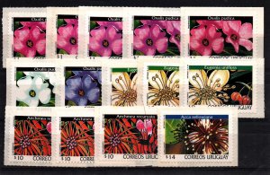 Flowers 1998-1999 Uruguay self adhesive MNH all imprint varieties #1757-1770