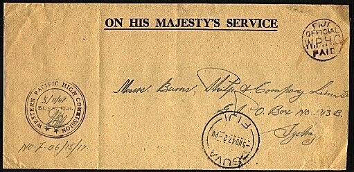 FIJI 1947 OHMS cover OFFICIAL PAID ex Western High Commission to Sydney....95579