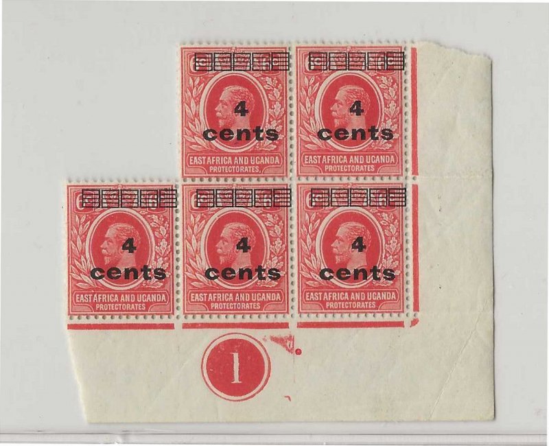 East Africa & Uganda Protectorate Sc #62 4 cents block of 5 with counter NH VF