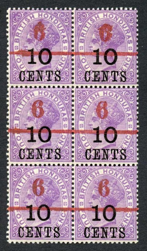 British Honduras 1891 6c on 10c on 4d red surch block SG43 UM cat 18 pounds