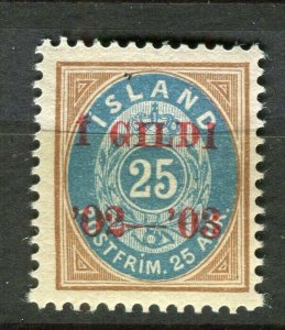 ICELAND; 1902-03 early ' 1 GILDI ' Optd. stamp Mint hinged 25a. value