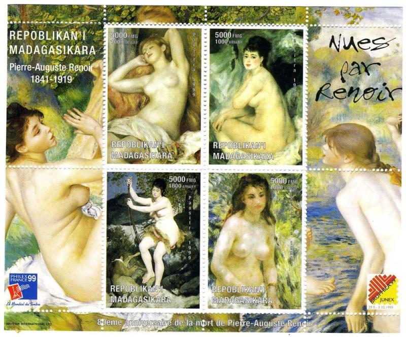 Malagasy 1999 Renoir NUDES Paintings Sheet (4) Perforated Mint (NH)