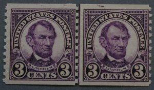 United States #600 Three Cent Lincoln Coil Line Pair MNH