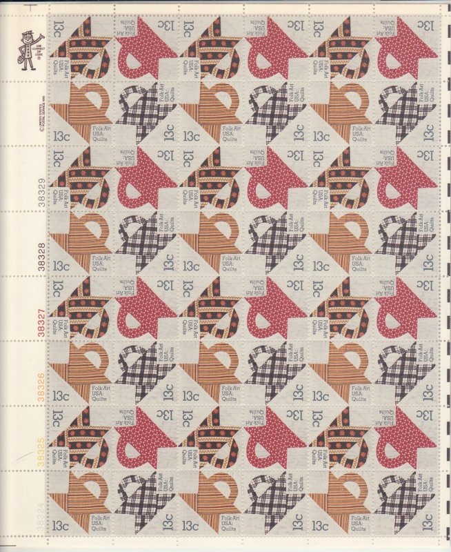 1978 U.S 13¢ Folk Art Quilts complete sheet MNH Sc# 1745 1746 1747 1748