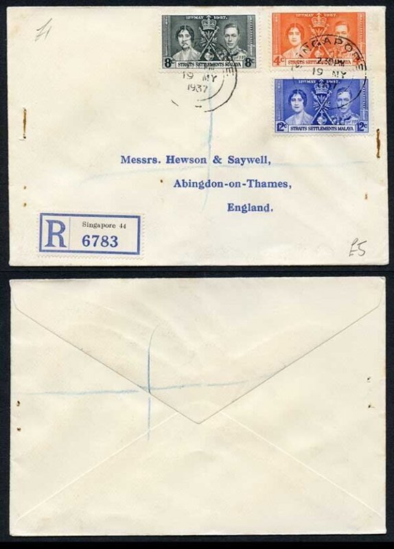 Straits Settlements 1937 Coronation on a Cover