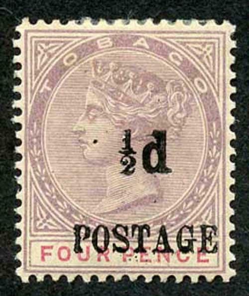 Tobago SG33 1/2d on 4d lilac and carmine M/Mint (hinge remainder)