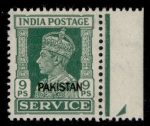 PAKISTAN GVI SG O3, 9p green, NH MINT.