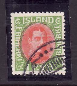 Iceland-Sc#176- id2-used 1e yellow green & red-Christian X-1931-33-