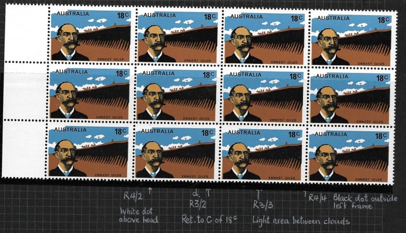 1976 Australia 633 Ernest Giles MNH block of 12 with minor flaws