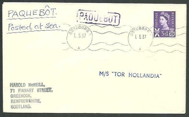 GB SWEDEN 1967 cover GB 2d GOTEBORG PAQUEBOT, MS Tor Hollandia ship mark...59069