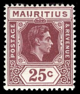 Mauritius 1938 KGVI 25c brown-purple IJ FLAW IN MAURITIUS vfm. SG 259ba.