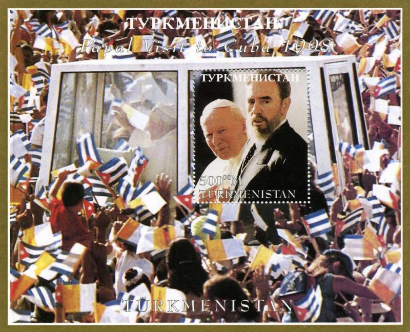 TURKMENISTAN 1998 Pope John Paul II & Fidel Castro s/s perforated mnh.vf