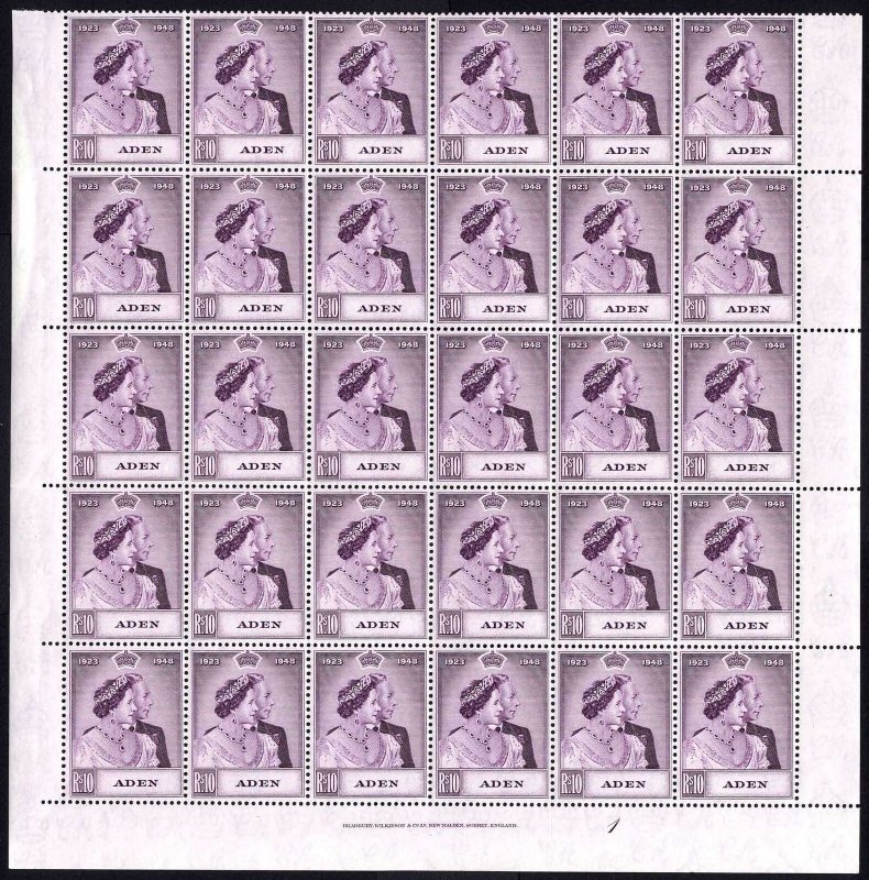 Aden SG31 Silver Wedding 10R Mauve A SUPERB U/M HALF SHEET of 30