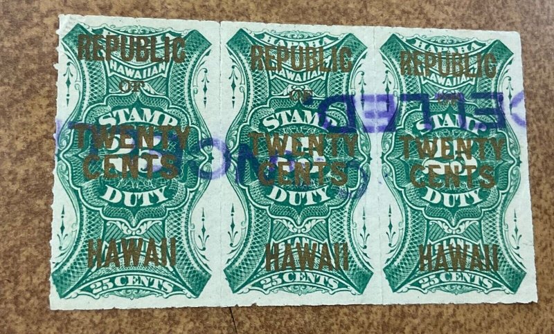 HAWAII  Used  #R8 scarce strip of 3  20c on 25c 