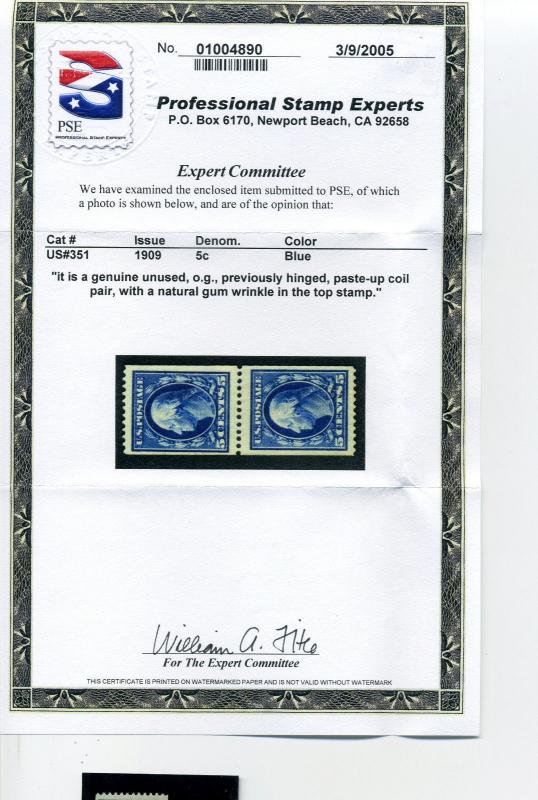 Scott#351 Washington Mint Coil Pair with PSE Cert (Stock #351-11)