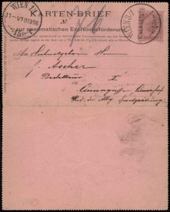 Austria Empire 1896 Rohrpost Pneumatic Mail Postal Stationery Kartenbrief G66987